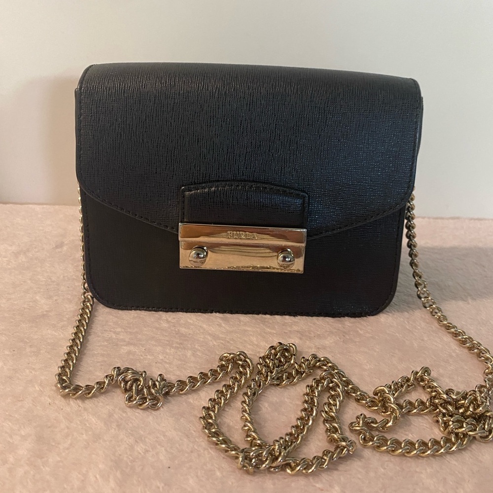 FURLA Julia Onyx Black Saffiano Leather Chain Shoulder Bag